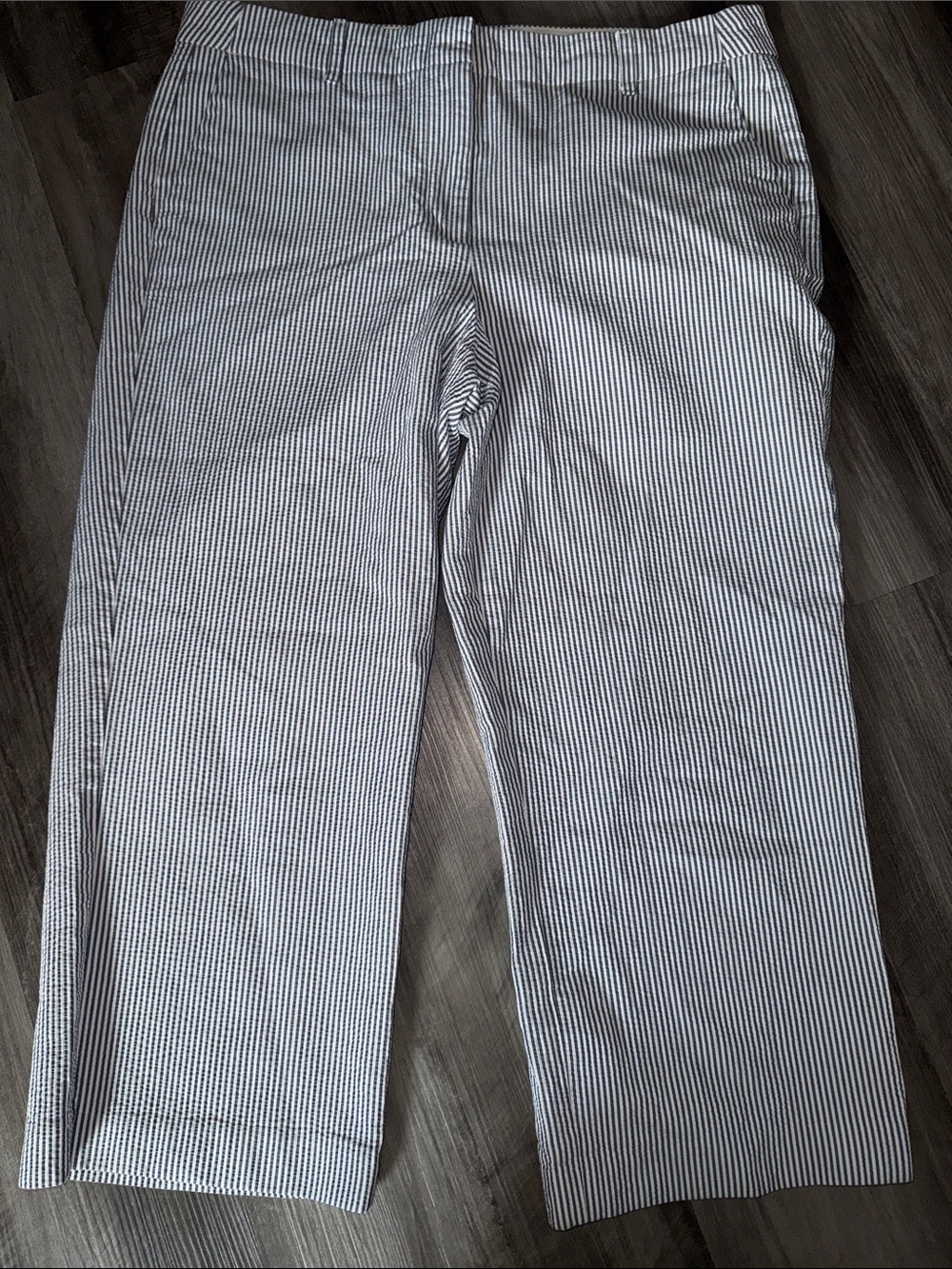 Talbots Seersucker Wide Ankle Pants Women's 12 White/Vista Blue gray casual